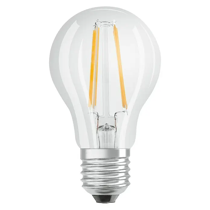 Osram Star LED-Lampe Glühlampenform E27 klar - E27, Nicht Dimmbar, Warmweiß, 806 lm, 7 W - Klare LED-Glühbirne mit sichtbaren gelben Filamenten und silbernem Schraubsockel.
