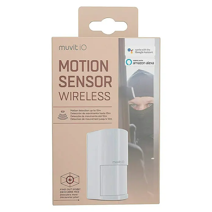 Muvit iO Sensor de movimiento PIR para interiores - Blanco, Ángulo de detección: 110 °, Alcance: 10 m - Embalaje de un sensor de movimiento Muvit iO. El sensor es inalámbrico y compatible con Google Assistant y Amazon Alexa.