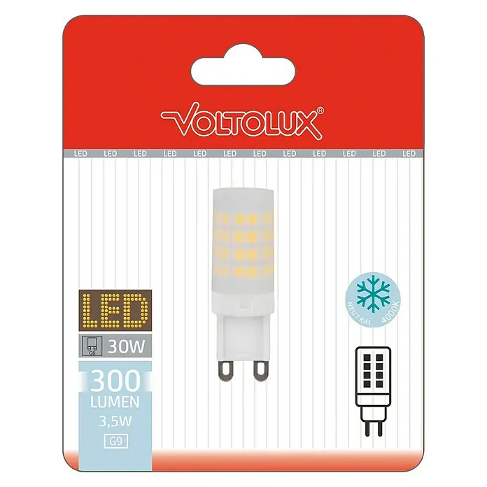 Voltolux Bombilla LED - G9, No regulable, Blanco neutro, 300 lm, 4.000 K, 3,5 W - Una lámpara LED G9 de VOLTOLUX con 300 lúmenes y 3,5W, que emite una luz blanca neutra a 4000K, diseñada para una iluminación eficiente.