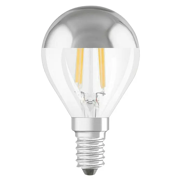 Osram Retrofit Bombilla LED - E14, No regulable, Blanco cálido, 380 lm, 4 W - Primer plano de una bombilla LED E14 con la parte superior espejada y bombilla de vidrio transparente, que ofrece un diseño de iluminación moderno y eficiente energéticamente.