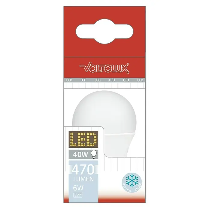 Voltolux Bombilla LED - E27, No regulable, Blanco neutro, 470 lm, 6 W - Imagen del producto de una bombilla LED VOLTOLUX, 6W, 470 lúmenes, 4000K blanco neutro, base E27. Solución de iluminación eficiente y duradera.