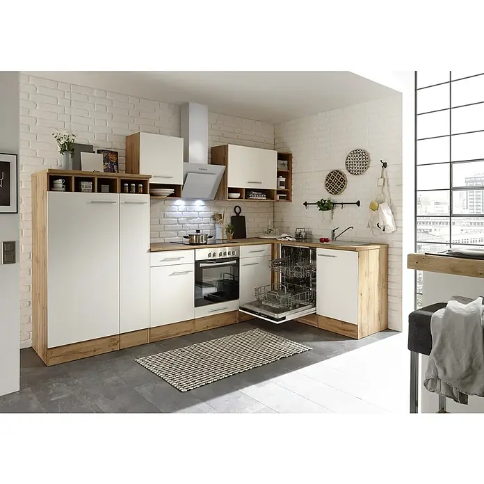Respekta Cocina esquinera Hilde - Ancho: 310 cm, Blanco, Efecto madera, Con electrodomésticos - Cocina equipada con frentes blancos y aspecto de madera, equipada con electrodomésticos modernos como lavavajillas y cocina.