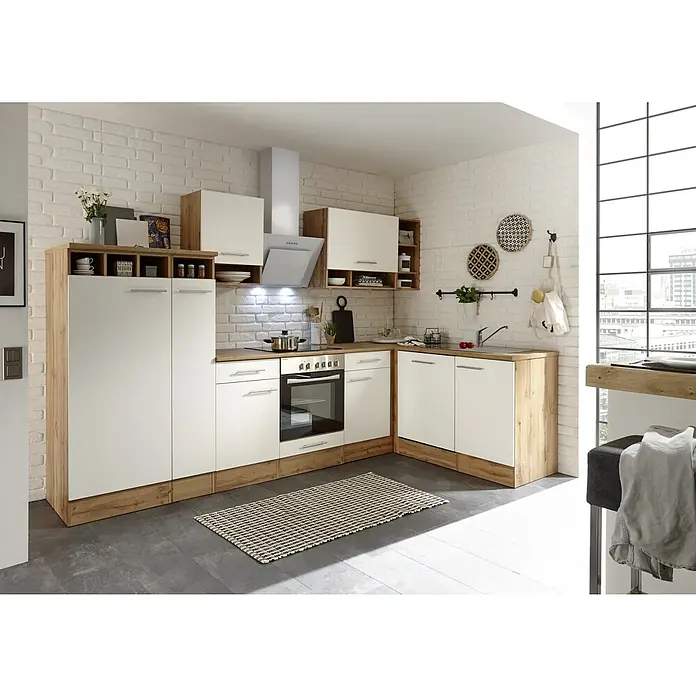 Respekta Cocina esquinera Hilde - Ancho: 310 cm, Blanco, Efecto madera, Con electrodomésticos - Cocina luminosa con armarios blancos y detalles de madera, campana extractora moderna y horno integrado para una experiencia de cocina elegante.