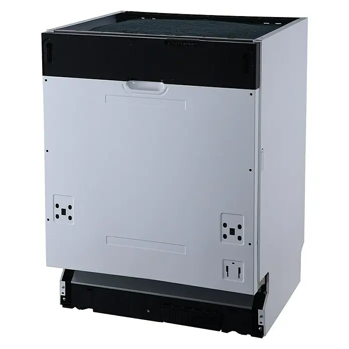 Respekta Premium Winkelküche RP290WGCBO - B x T: 290 x 200 cm, Grau, Mit Elektrogeräten - Rückansicht eines Geschirrspülers. Der Geschirrspüler ist weiß mit schwarzen Details.