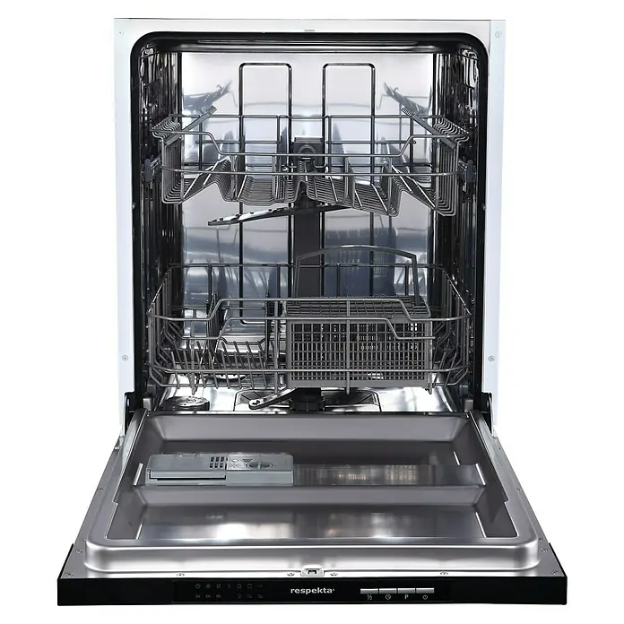 Respekta Cocina esquinera Hilde - Ancho: 220 cm, Gris, Mate, Efecto madera, Con electrodomésticos - Lavavajillas Respekta abierto con interior de acero inoxidable y dos cestas. Ideal para hogares modernos.