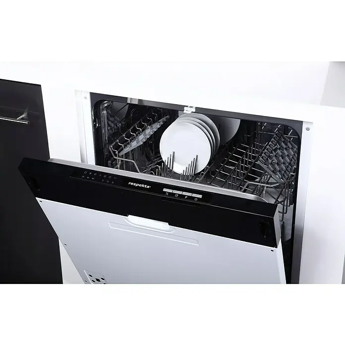 Respekta Cocina esquinera Hilde - Ancho: 220 cm, Gris, Mate, Efecto madera, Con electrodomésticos - Lavavajillas Respekta abierto con platos blancos en el interior.