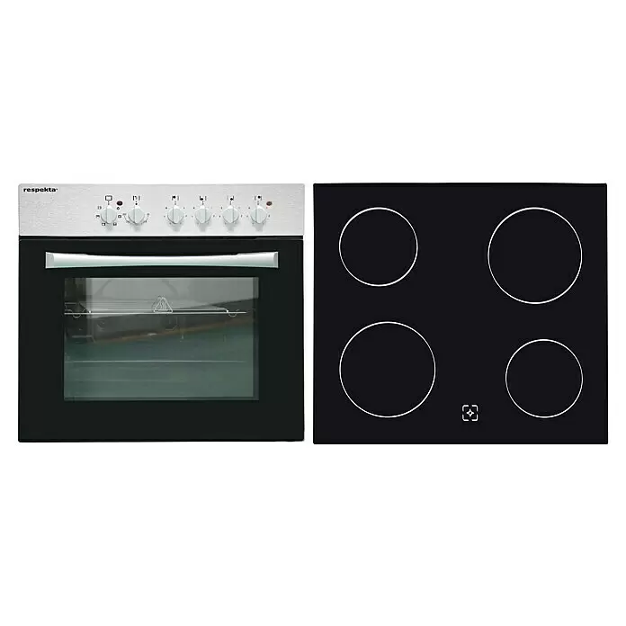 Respekta Cocina esquinera Hilde - Ancho: 220 cm, Gris, Mate, Efecto madera, Con electrodomésticos - Horno Respekta con panel de control plateado y puerta negra, y una placa vitrocerámica negra con cuatro zonas de cocción.