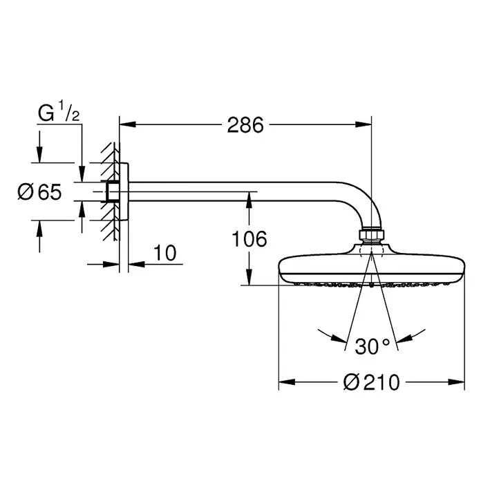 Grohe Tempesta Kopfbrausen-Set 210 - Durchmesser: 21 cm, 20 l/min, Wandmontage, Chrom - Technische Zeichnung eines Duschkopfes mit Maßangaben für Durchmesser, Länge und Winkel.\n