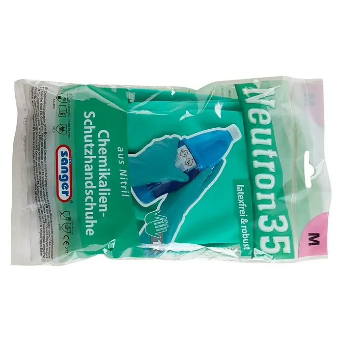 Sänger Arbeitshandschuhe Neutron 35 - M, Grün, Nitril - Bild einer Packung Neutron 35 Chemikalienschutzhandschuhe aus Nitril, latexfrei und robust, Größe M.