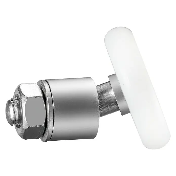 Rodamiento para mampara de ducha A11 - Plata brillo, Específico para: Mampara de ducha semicircular Ada - Primer plano de una pieza de repuesto de rodillo de puerta blanco con tornillo para un movimiento suave de la puerta. Ideal para reparaciones.