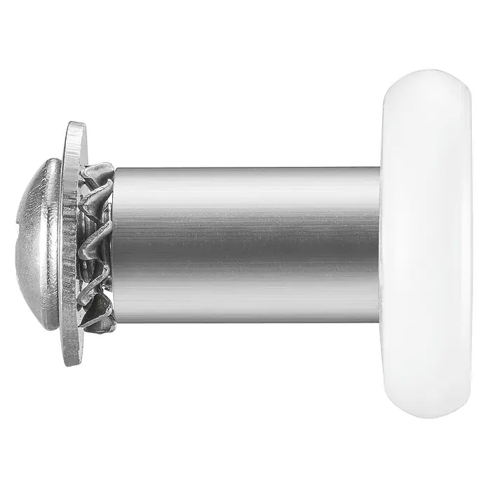 Rodamiento para mampara de ducha A12 - Plata brillo, Específico para: Mampara de ducha esquinera Ada - Primer plano de un rodillo blanco para puerta corredera con accesorio metálico, diseñado para un movimiento suave.