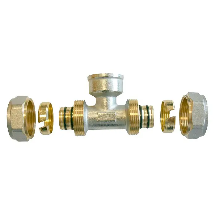 Isoltubex Te de compresión roscada H - 16 mm - Primer plano de una conexión de tubería de latón en forma de T con piezas individuales, diseñada para instalaciones de fontanería.