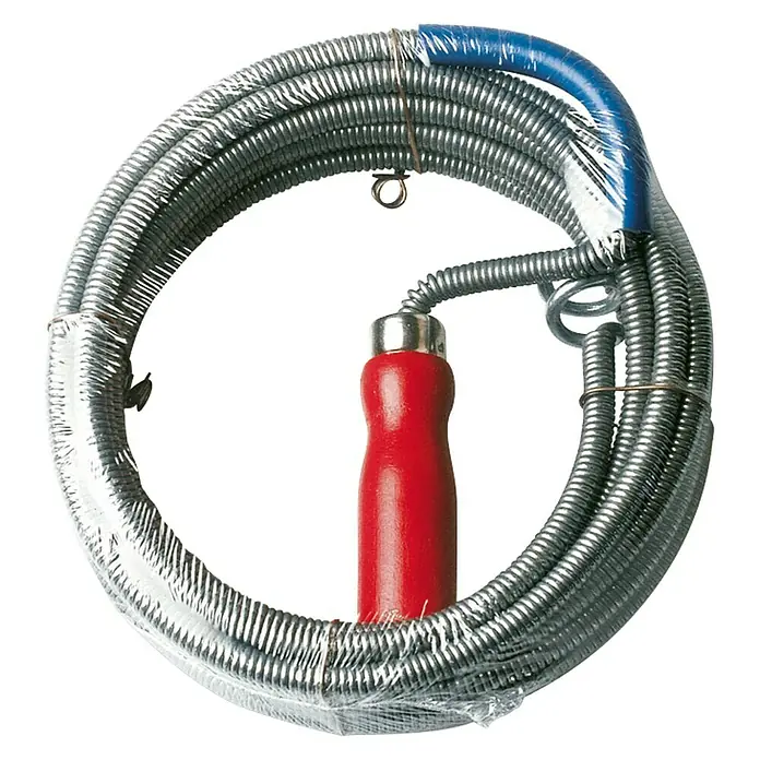 Desatascador reforzado - Apto para: Tuberías de desagüe - Una serpiente de drenaje con mango rojo y cubierta de plástico azul, enrollada y asegurada con alambre.