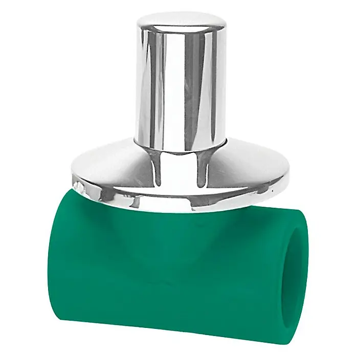 Isoltubex Válvula de corte PPR empotrar - DN 32, Polipropileno - Primer plano de una tapa de tubo cromada sobre un tubo verde, un elemento de diseño funcional y moderno.
