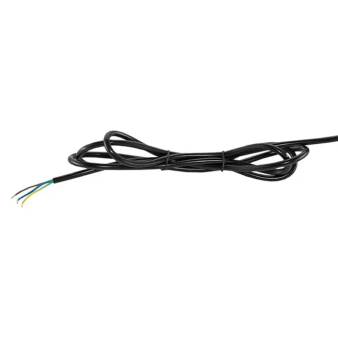 Schellenberg Funk-Rohrmotor Premium 6 MiniMax. Rollladenfläche: 4 m² bei Kunststoffrollläden, Einbaulänge: 570 mm, Zugkraft: 15 kg - Schwarzes Stromkabel mit freiliegenden farbigen Drähten, aufgerollt vor einem neutralen Hintergrund.