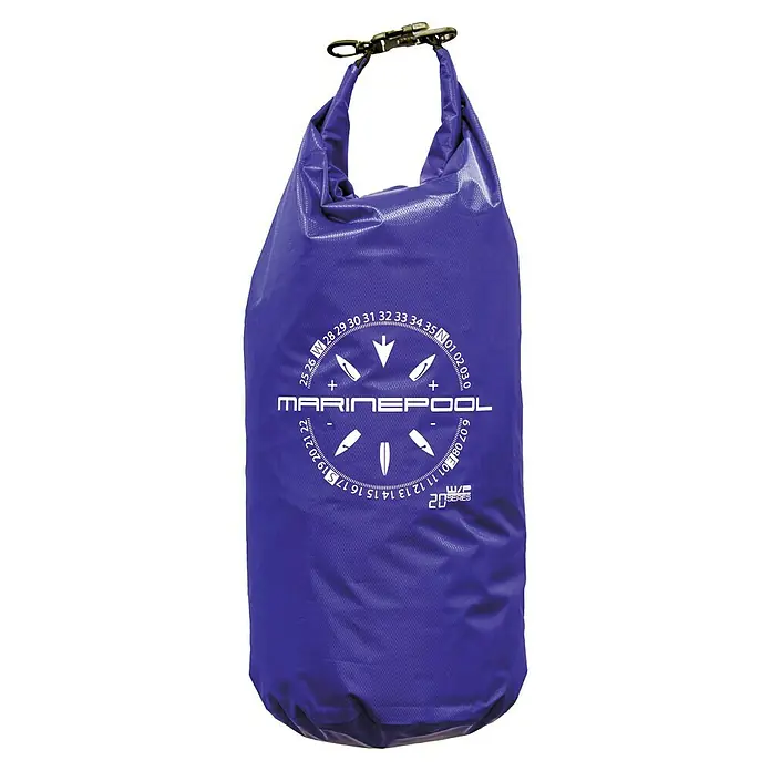 Marinepool Drybag Ripstop Tactic - Fassungsvermögen: 20 l, Blau - Nahaufnahme eines lila, wasserdichten Marinepool-Packsacks, ideal für Wassersport und Outdoor-Abenteuer, mit Tragegriff.
