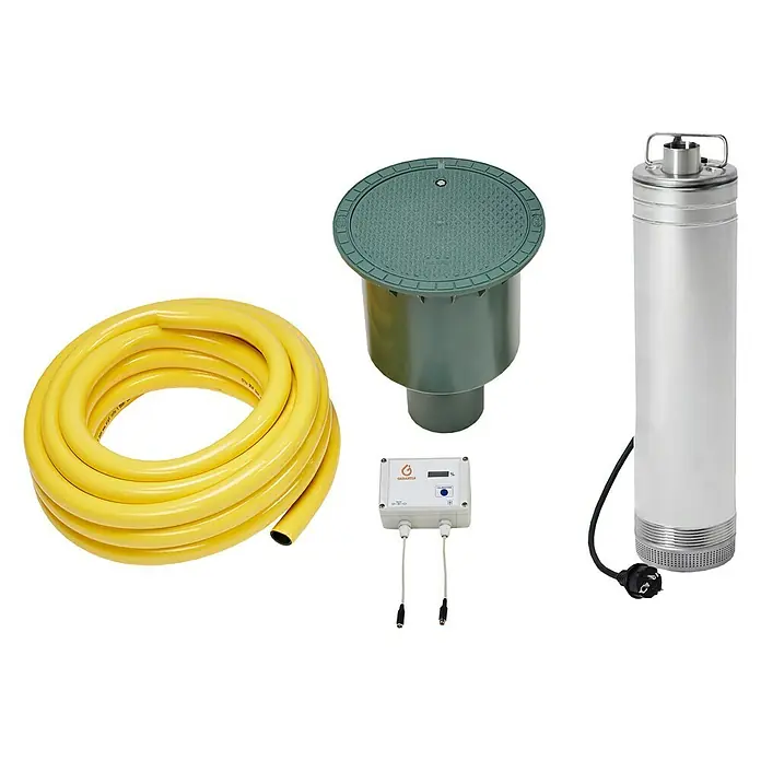Garantia ProLine Zisterne Komplettpaket Columbus - Gesamt Fassungsvermögen: 9.000 l, Mit Pumpe, Filterfeinheit: 0,35 mm - Produktabbildung: Gelber Gartenschlauch, grüne Zisterne, Steuergerät und Tauchdruckpumpe auf schwarzem Hintergrund.