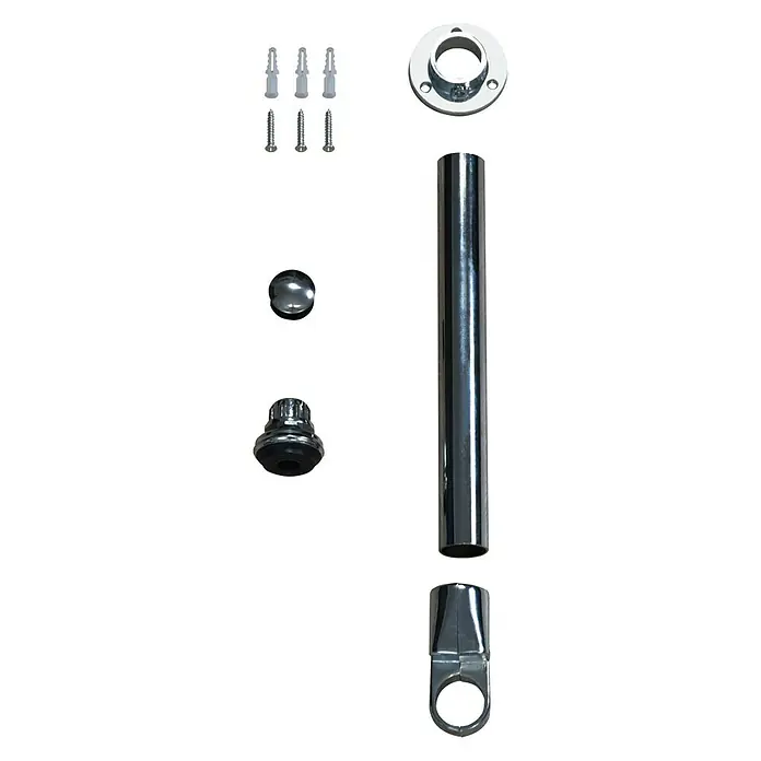 Easy Connect Wandhalter-Set - Passend für: Easy Connect Regalsystem, Chrom, 1 Stk. - Eine Nahaufnahme von einem verchromten Duschvorhang-Set, inklusive Stange, Halterungen und Befestigungsmaterial, auf einem weißen Hintergrund.