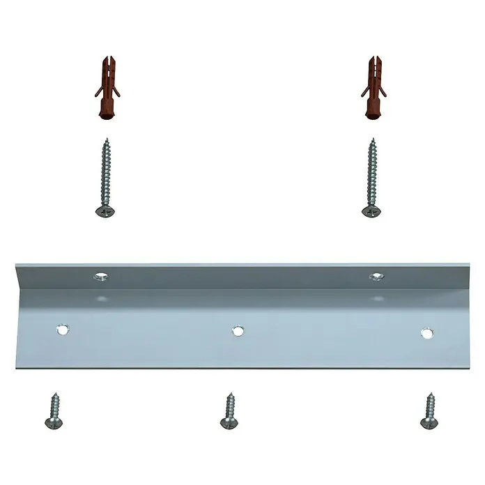 Easy Connect Montagewinkel - Passend für: Easy Connect Regalsystem, 3 Stk. - Bild einer Metallleiste mit Schrauben und Dübeln, die für die Montage an einer Wand oder anderen Oberfläche verwendet werden kann.