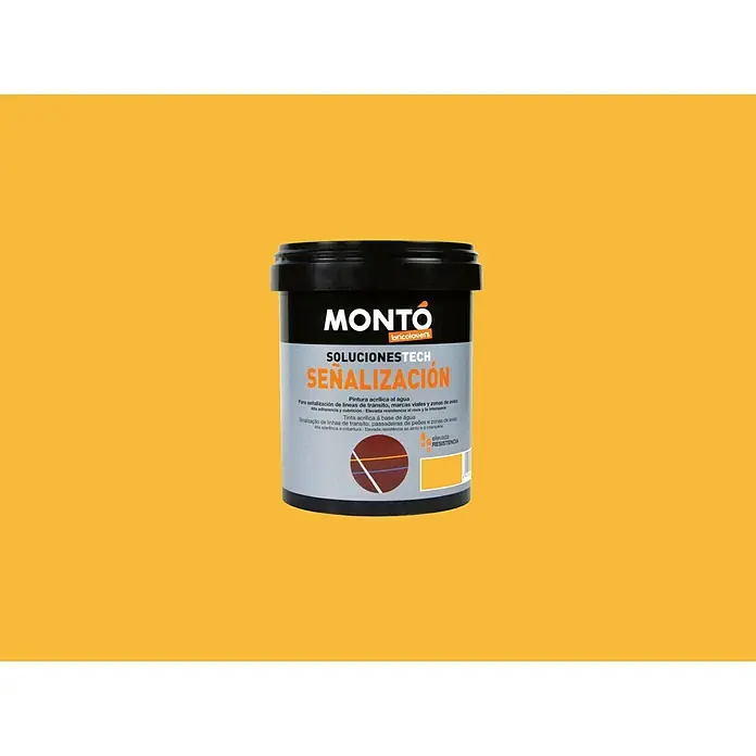 Montó Bricolovers Pintura de señalización Soluciones Tech - Amarillo, 750 ml - Pintura de señalización Montó en un cubo negro, ideal para líneas de tráfico y señalización vial. Pintura acrílica al agua de alta visibilidad.