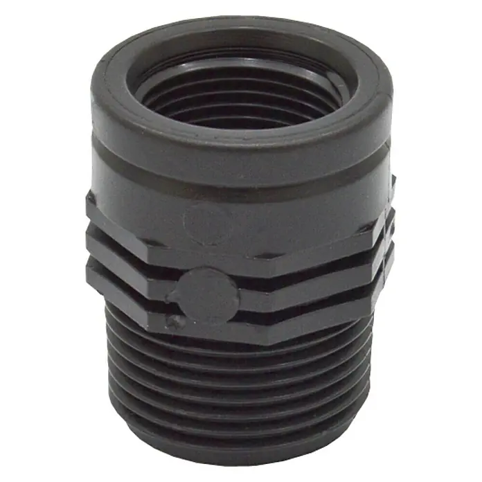 Manguito de reducción corto H-M - Dimensión conexión: 1″ - Reductor de PVC negro con conexión roscada, ideal para aplicaciones de fontanería y conexiones de tuberías.