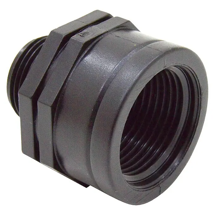 Manguito reductor H-M - Rosca exterior: ¾″, Rosca interior: 1″ - Primer plano de un prensaestopas de cable de plástico negro, con rosca y forma hexagonal para conexiones seguras.