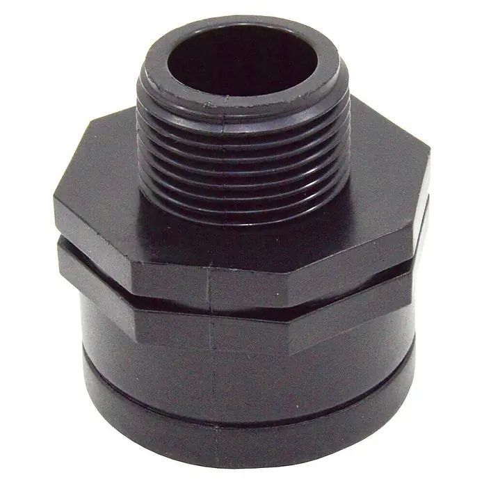 Manguito reductor H-M - Rosca exterior: ¾″, Rosca interior: 1″ - Racor de tubería de PVC negro con rosca macho y diseño escalonado. Ideal para diversas aplicaciones de plomería.