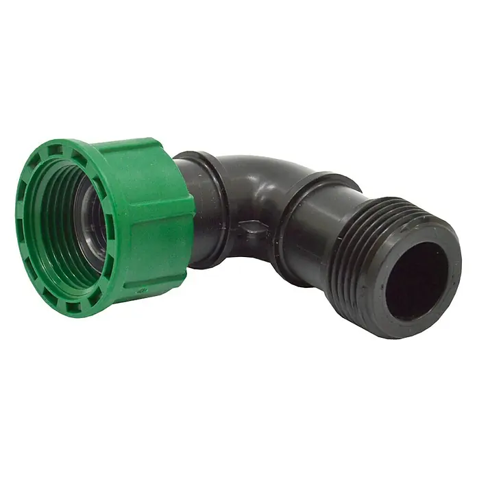 Codo Electroválvula Macho Hembra - Plástico - Esta imagen muestra un codo de riego negro con un conector verde, utilizado en sistemas de riego de jardines.