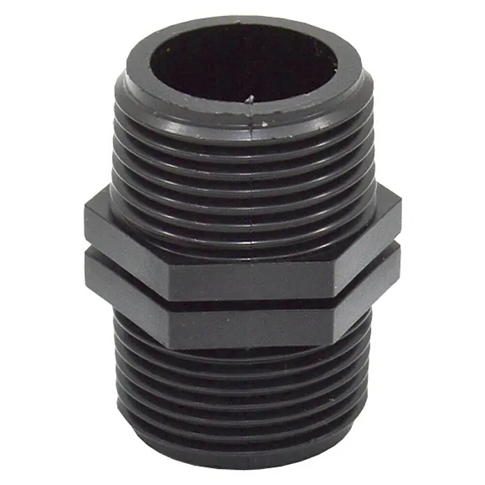 Machón roscado M-M - ¾″, Plástico - Accesorio roscado de PVC negro. Un accesorio de tubería duradero y versátil para fontanería y otras aplicaciones.