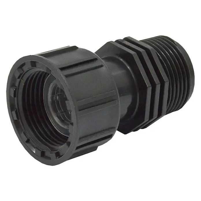 Conector Electroválvula - 1″ - Conector de manguera negro con rosca y superficie estriada para conexiones seguras.