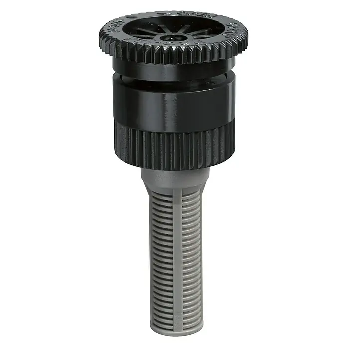 Orbit Tobera pulverizadora 600 l/h - 2 pzs. - Primer plano de un accesorio de boquilla de rociado Rain Bird para sistemas de riego en negro y gris.