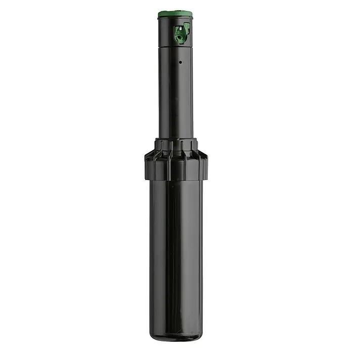 Aspersor emergente - ½″ - Esta imagen muestra un aspersor negro con una parte superior verde. El aspersor tiene forma cilíndrica con una boquilla.