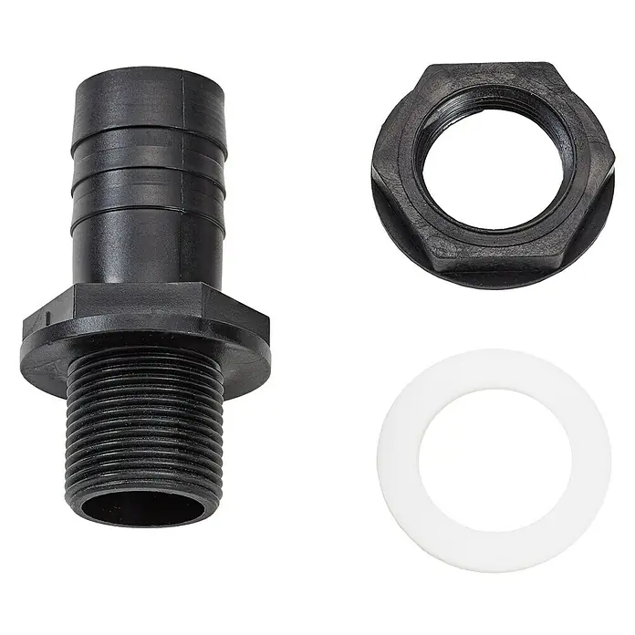 Garantia Schlauchanschluss Tülle 1″ - Größe Anschluss: 1″ - Nahaufnahme eines Tankschlauchanschlusses mit Mutter und Dichtung, ideal für Aquarien und Bewässerungssysteme.