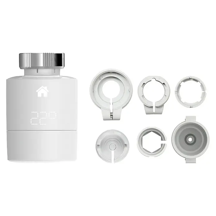 Tado Smartes Termostato de radiador - Control inteligente: App Tado, 1 ud. - Termostato digital blanco para radiador con varios adaptadores para conexión, para una gestión inteligente de la calefacción.