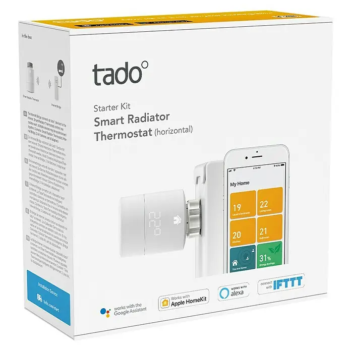 Tado Smartes Termostato de radiador Starter Kit V3+IN - 2 pzs. - Embalaje de un kit de inicio de termostato de radiador inteligente Tado, que ofrece un control inteligente de la calefacción para su hogar.