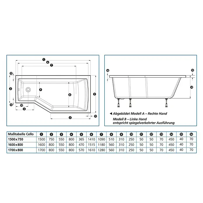 Ottofond Raumsparbadewanne Flint B - 150 x 75 cm, Sanitäracryl, Weiß, Links - Produktbild einer Cello Badewanne mit Maßangaben in verschiedenen Größen zur Auswahl für das Badezimmer.