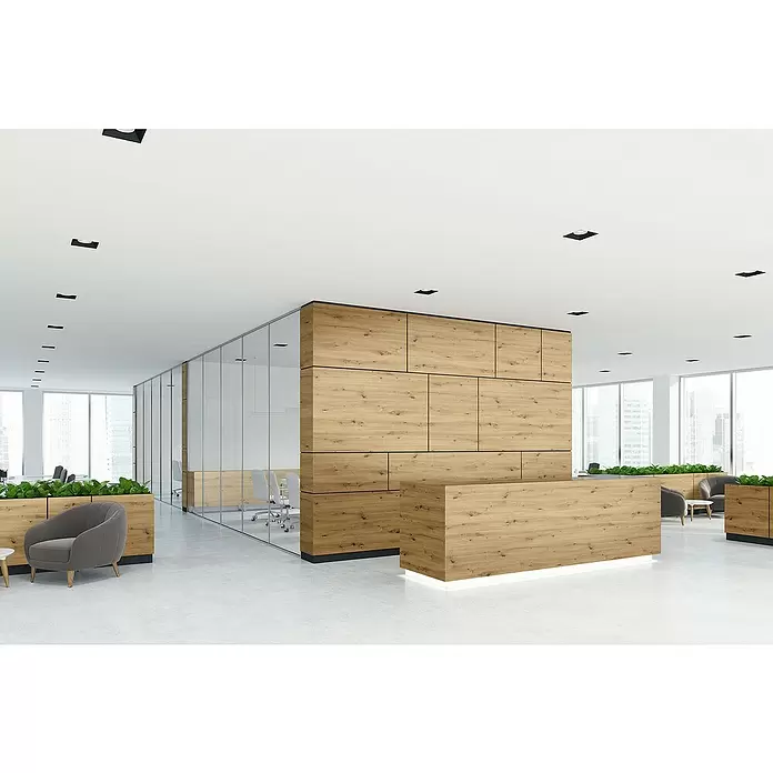 MDF-Platte Fixmaß - Eiche Astig, 1.398 x 1.033 x 10 mm - Moderne Rezeptionstheke und Wandverkleidung aus hellem Holz, ideal für eine Bürolobby.