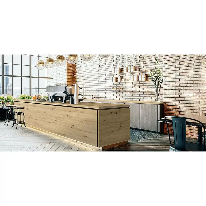 MDF-Platte Fixmaß - Eiche Astig, 1.398 x 1.033 x 10 mm - Helle Eichenholz-Optik Cafétheke mit integrierter Espressomaschine in einem modernen Café.