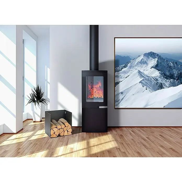 Kaminholzregal Simon - 500 x 350 x 495 mm, Stahl - Wohnzimmer mit Kaminofen und Holzlagerung. Das moderne Design sorgt für Wärme und Atmosphäre. Ein dekoratives Gemälde rundet das Bild ab.