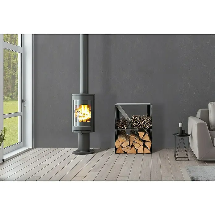 Kaminholzregal Laura - 530 x 350 x 705 mm, Stahl - Ein moderner Kaminofen mit Holzscheitablage, perfekt für gemütliche Stunden. Das schlichte Design fügt sich nahtlos in jeden Raum ein.