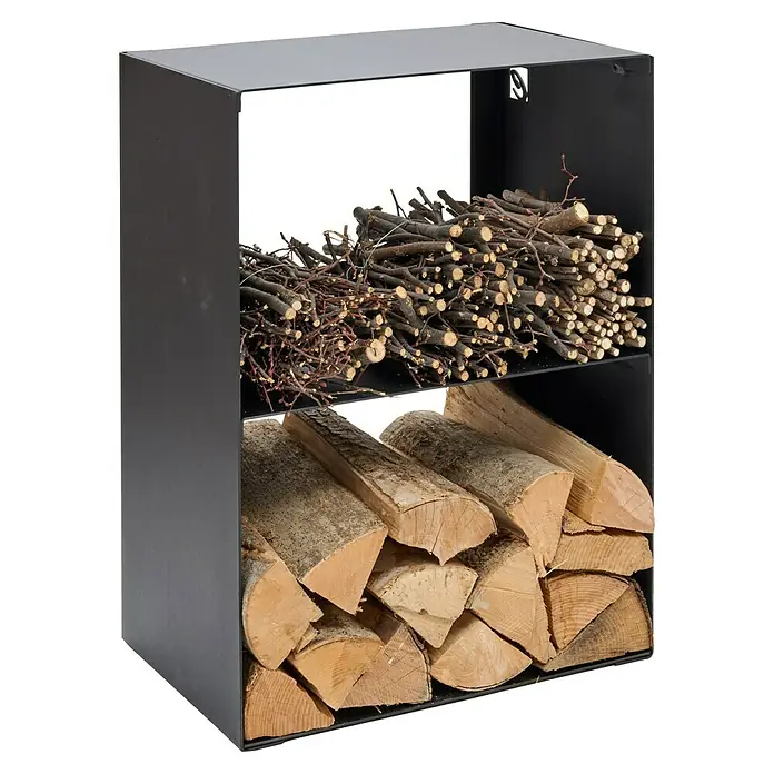 Kaminholzregal Sandra - 530 x 350 x 705 mm, Stahl - Brennholzregal aus Metall, gefüllt mit Holzscheiten und Anzündholz, ideal für die Kaminholz Lagerung und als dekoratives Element.