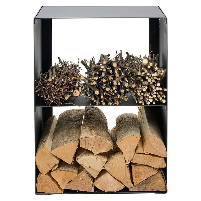 Kaminholzregal Sandra - 530 x 350 x 705 mm, Stahl - Holzregal mit Holzscheiten und Anzündholz. Das Regal bietet Platz für Brennholz in verschiedenen Größen, um den Kaminofen zu befeuern.