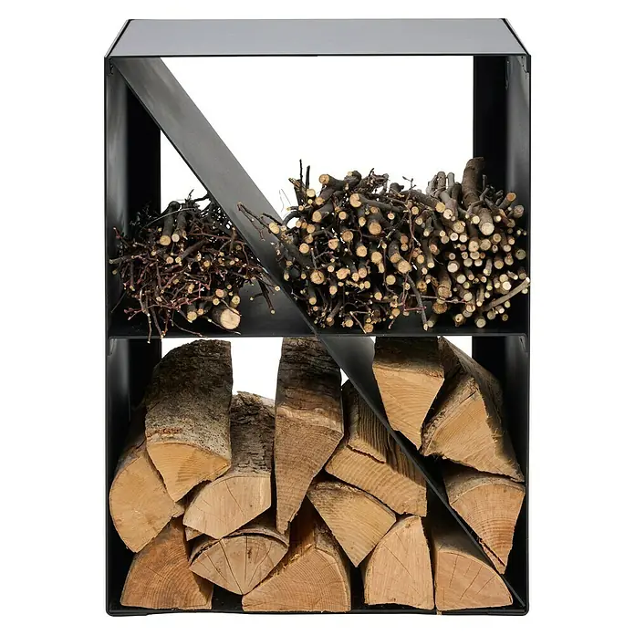 Kaminholzregal Laura - 530 x 350 x 705 mm, Stahl - Modernes Brennholzregal aus schwarzem Metall, gefüllt mit Scheitholz und Anmachholz. Praktische und stilvolle Kaminholzaufbewahrung für den Innenbereich.
