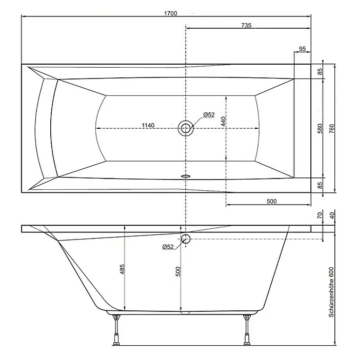Ottofond Badewanne Tacoma - 170 x 75 cm, Sanitäracryl, Weiß - Technische Zeichnung einer rechteckigen Badewanne mit allen Maßen, die für die Installation benötigt werden.
