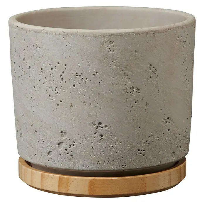Soendgen Keramik Übertopf rund Paros DeluxeAußenmaß (Ø x H): 16 x 14 cm, Hellgrau, Holz - Grauer Betonblumentopf mit Holzuntersetzer. Der Topf hat eine poröse Oberfläche und steht auf einem runden, hellen Holztablett.