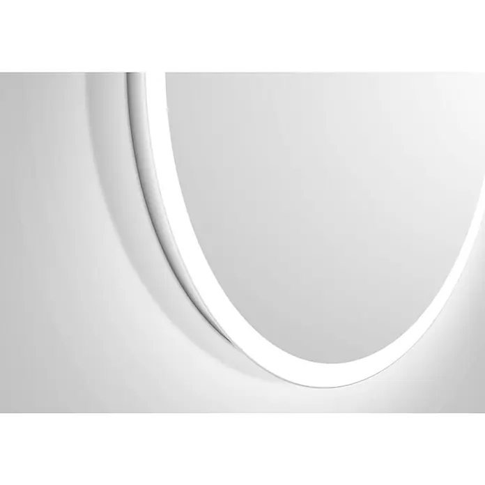 DSK Lichtspiegel Silver Space - Durchmesser: 60 cm, Leuchtmittel - Nahaufnahme eines runden LED-Spiegels mit sanftem Lichtschein und minimalistischem Design, ideal für moderne Badezimmer und Wohnräume.