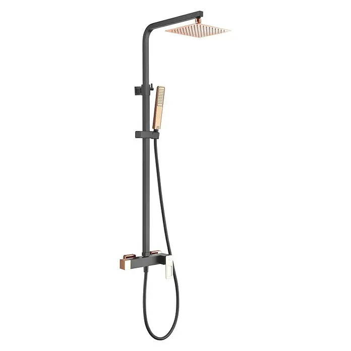 Imex Suecia Sistema de ducha - Con grifo monomando, Negro/Oro rosa - Columna de ducha negra y cobre con rociador y ducha de mano para un diseño de baño moderno.