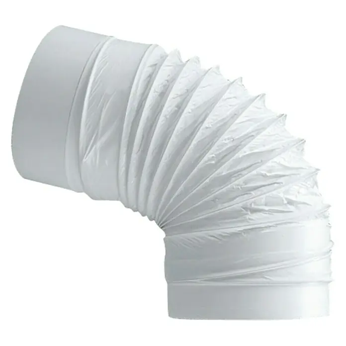 Codo flexible redondo Tubpla Flex - 150 mm - Manguera de conducto flexible blanca con un ángulo de 90 grados, perfecta para la ventilación en espacios reducidos. El producto es ligero y fácil de instalar.