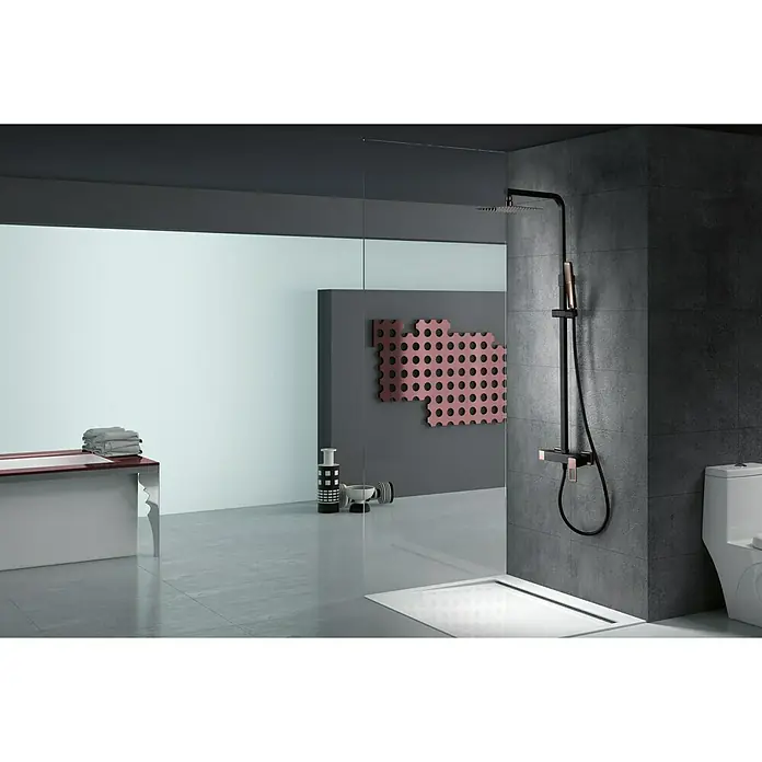 Imex Suecia Sistema de ducha - Con grifo monomando, Negro/Oro rosa - El moderno conjunto de columna de ducha con ducha de lluvia y ducha de mano en negro y cobre garantiza una experiencia de ducha lujosa.