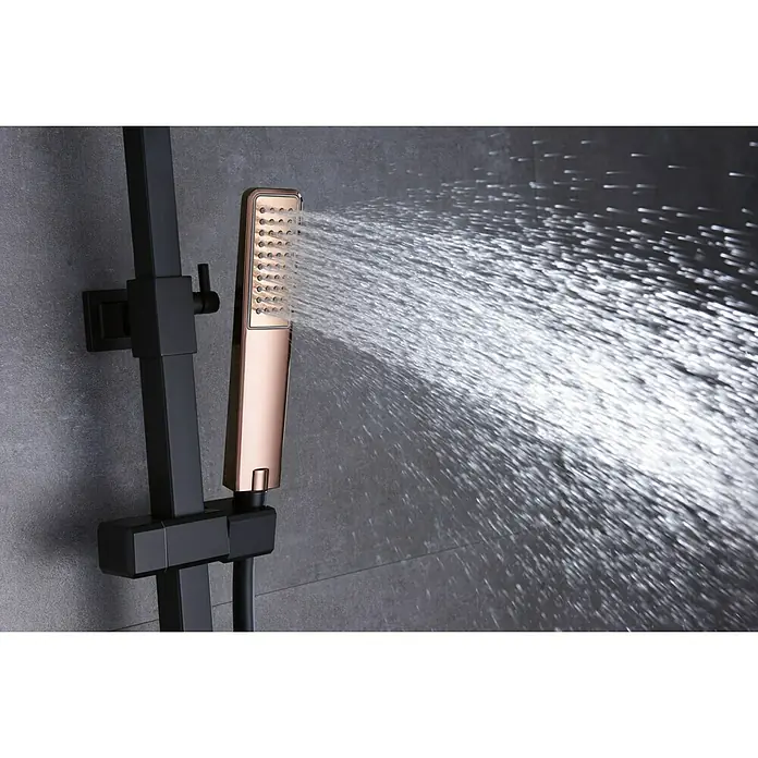 Imex Suecia Sistema de ducha - Con grifo monomando, Negro/Oro rosa - Moderna grifería de ducha en negro y oro rosa con agua corriente. Diseño elegante para una experiencia de ducha lujosa.